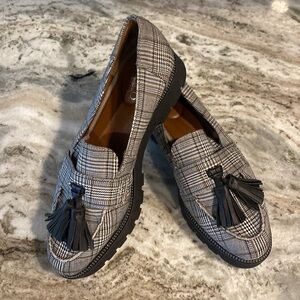 Franco Sarto Plaid Tassel Loafers - Black and Gray